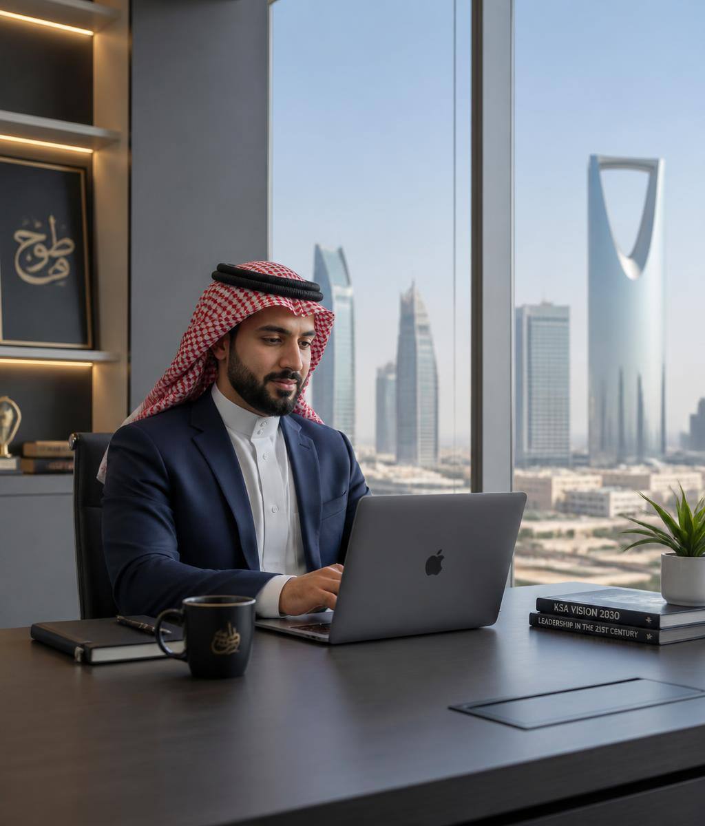 معقب خدمات سعودي في مكتب حديث بإطلالة على مدينة الرياض